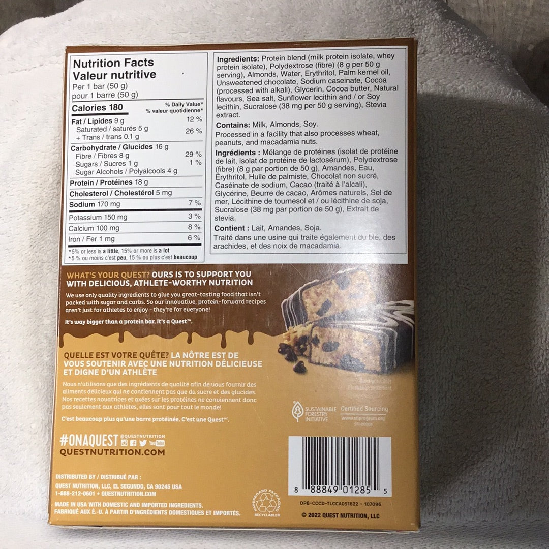 Quest Protein Bar- Dipped Chocolate Chip Cookie Dough- 18g Protein